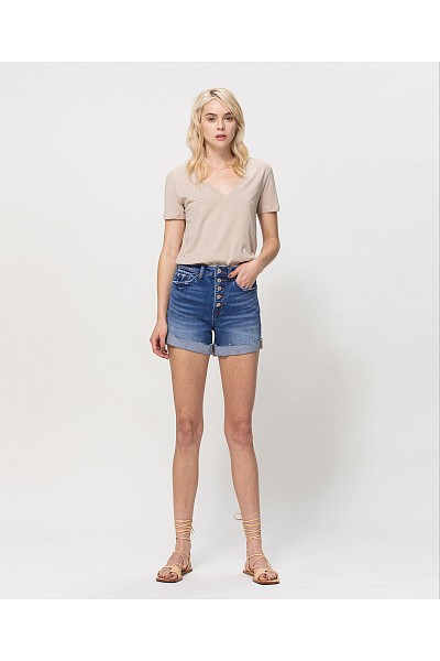 EXPOSED BUTTON STRETCH MOM SHORTS W...